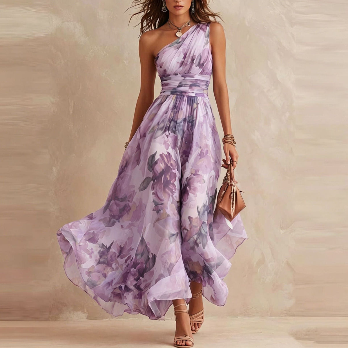One Shoulder Floral Print Ruched Waist Flowy Maxi Dress 5