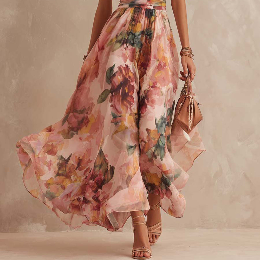One Shoulder Floral Print Ruched Waist Flowy Maxi Dress 3