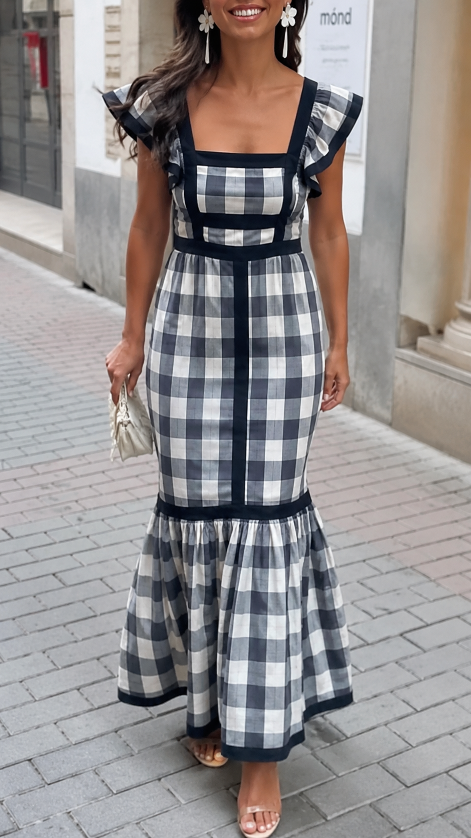 Gingham Square Neck Ruffle Strap Mermaid Maxi Dress 2