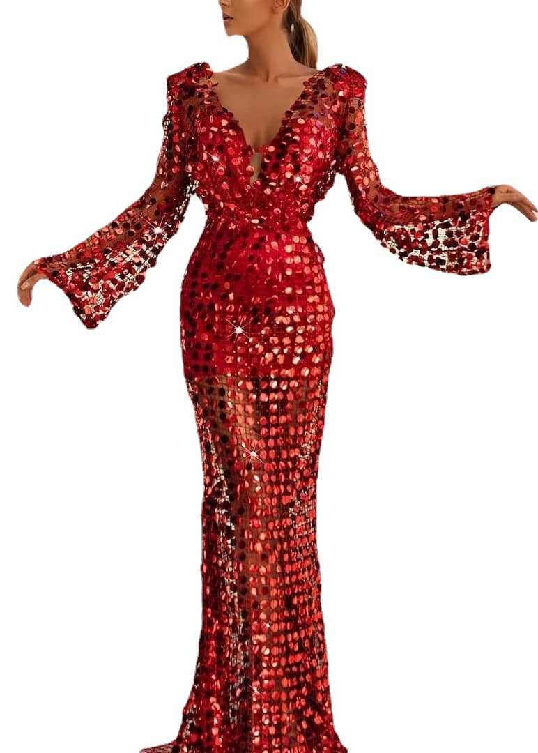 Sequin Deep V-Neck Bell Sleeve Sheer Mermaid Gown - View 5