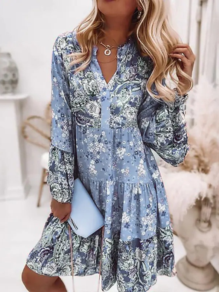 V-Neck Mandarin Collar Tiered Bell Sleeve Long Sleeve Midi Dress - View 2