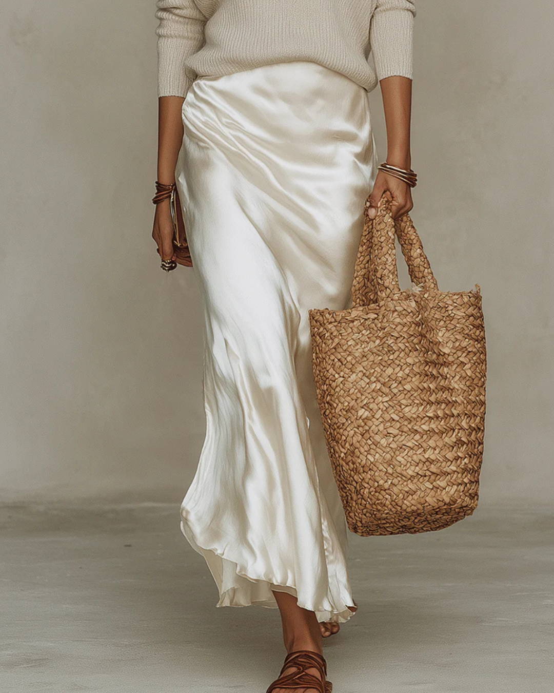 Knit V-Neck Sweater and Satin Slip Skirt Two Piece Set 2