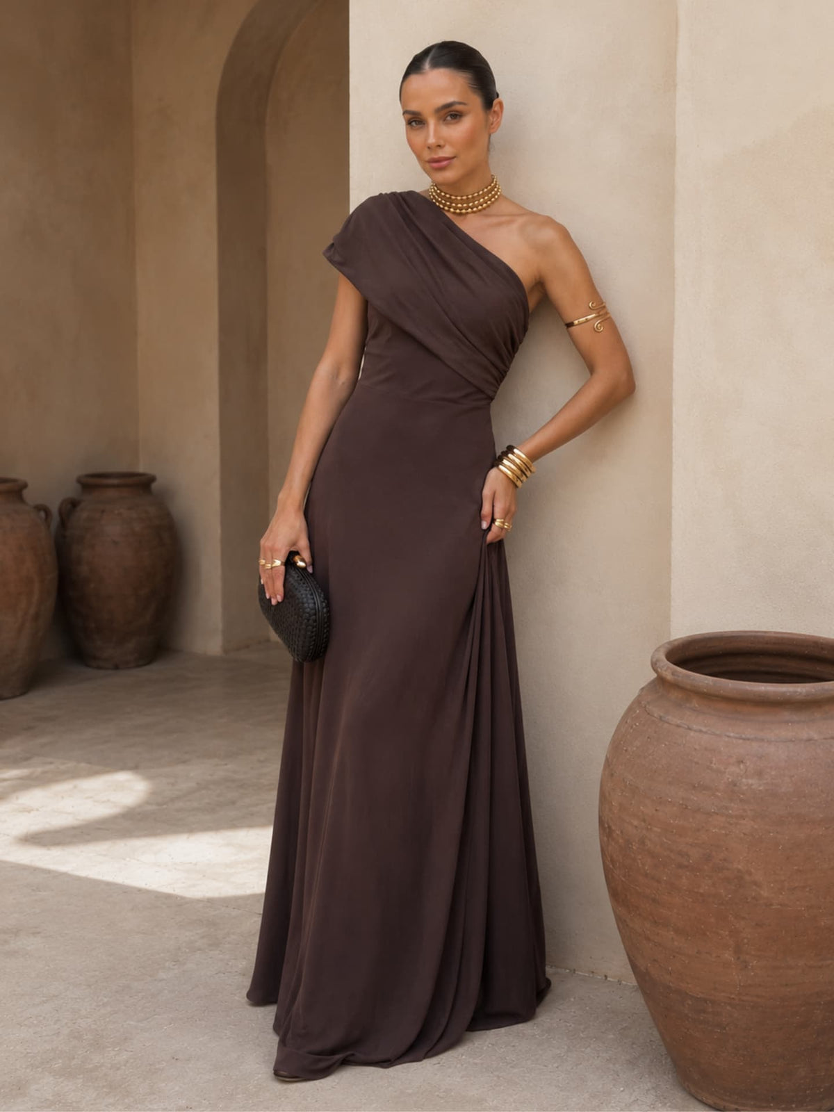 One Shoulder Draped Ruched Maxi Gown