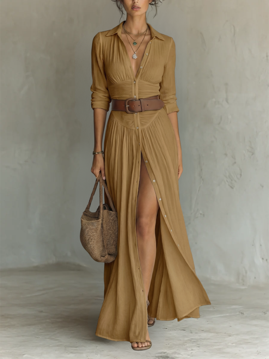 Long Sleeve Button Front High Split Collared Maxi Shirt Dress 3