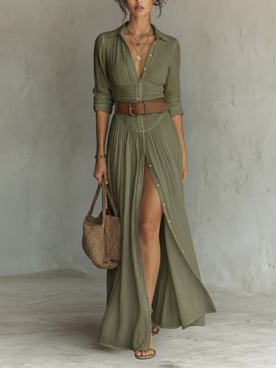 Collared Button Front High Split Long Sleeve Maxi Shirt Dress 4