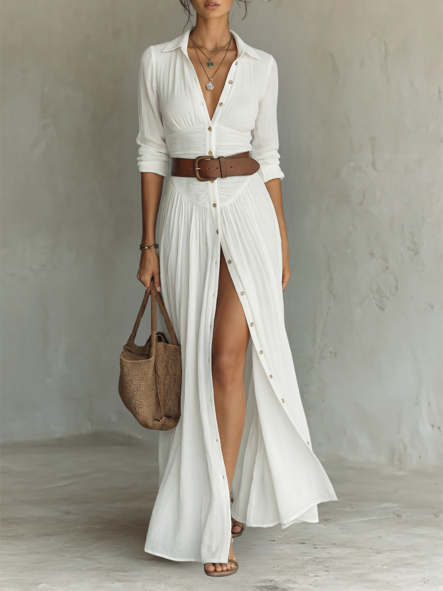 Long Sleeve Button Front High Split Collared Maxi Shirt Dress