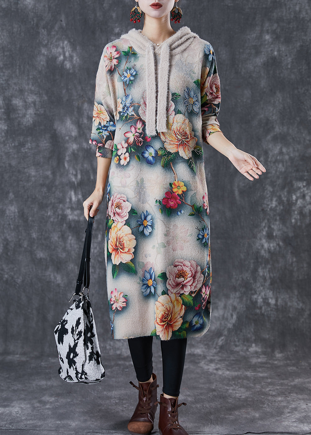 Floral Print Hooded Drawstring Rib Knit Drop Shoulder Midi Dress - View 2