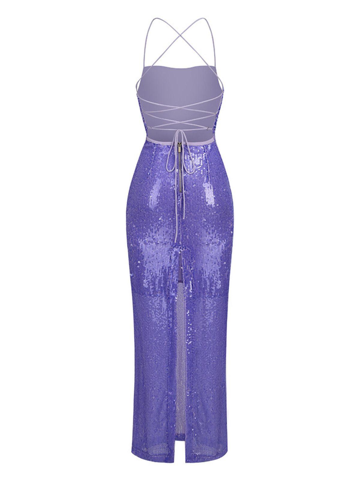 Sequin Spaghetti Strap Cowl Neck Backless Mermaid Maxi Dress - View 7