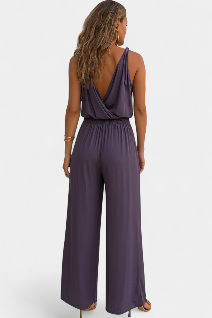 Gold Trim V-Neck Wrap Wide Leg Jumpsuit 9