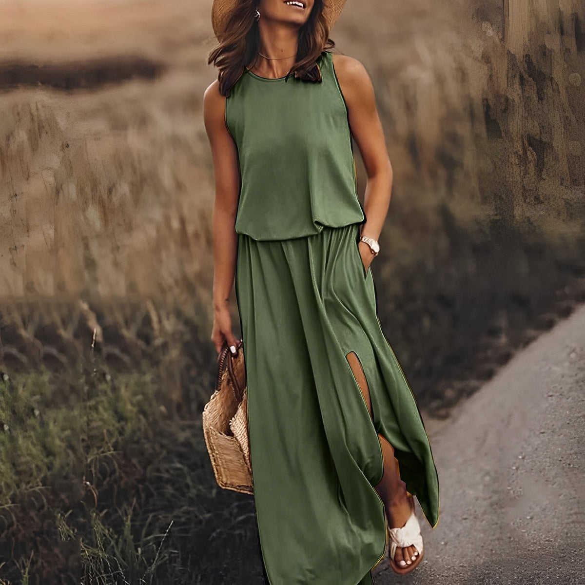 Satin Crew Neck Sleeveless High Split Maxi Summer Dress - View 3