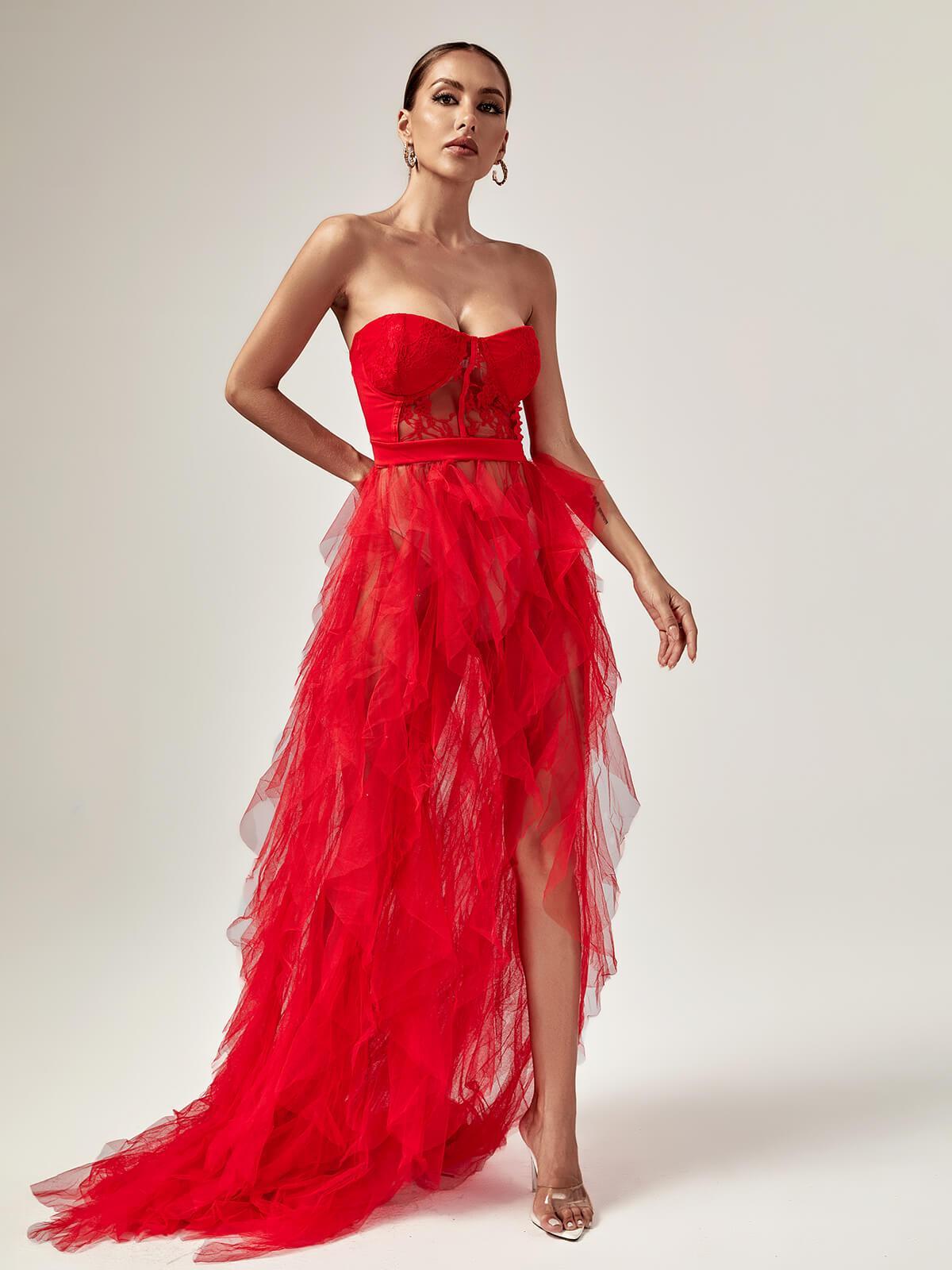 Tulle Strapless Corset Lace High Split Maxi Gown - View 4