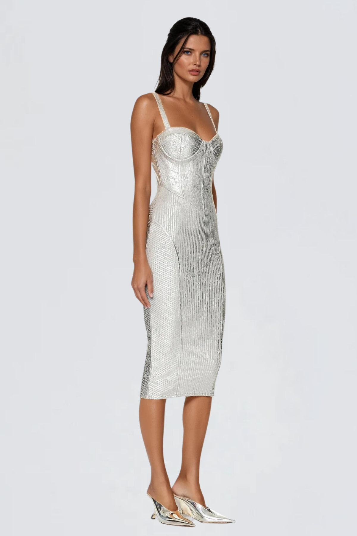 Metallic Ribbed Bustier Corset Spaghetti Strap Bodycon Midi Dress - View 3