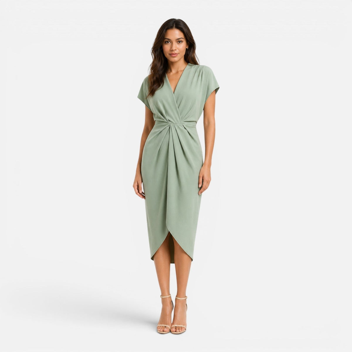 V-Neck Twist Front Draped Wrap Midi Dress
