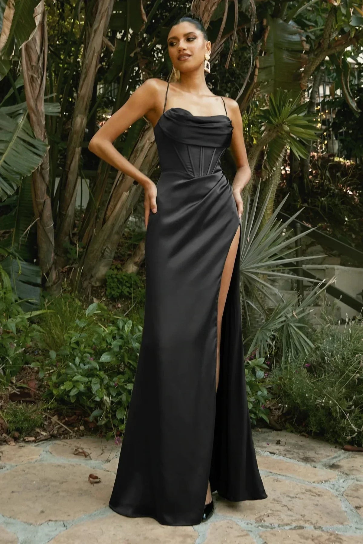 Elegant Satin Cowl Front Lace Up Corset Red Christmas Party Dress Black / S Dresses-L