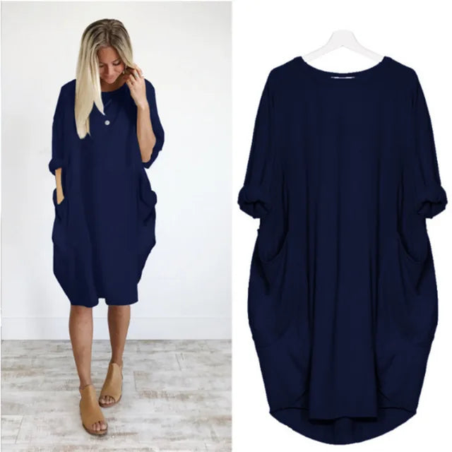 Oversized Round Neck Dropped Shoulder Patch Pocket Cocoon Dress - View 12