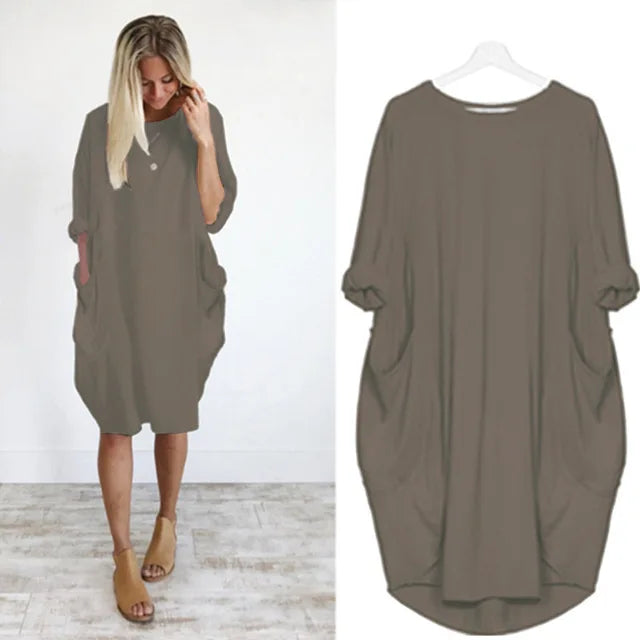 Oversized Round Neck Dropped Shoulder Patch Pocket Cocoon Dress - View 6