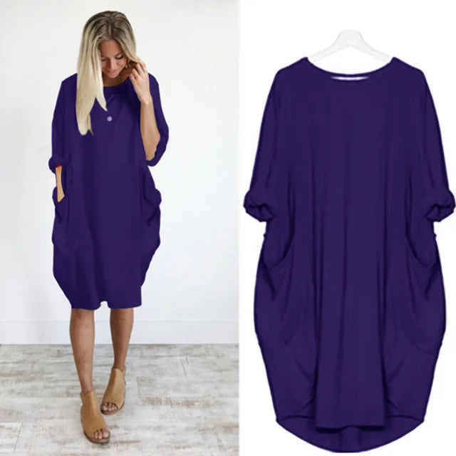 Oversized Round Neck Dropped Shoulder Patch Pocket Cocoon Dress - View 7