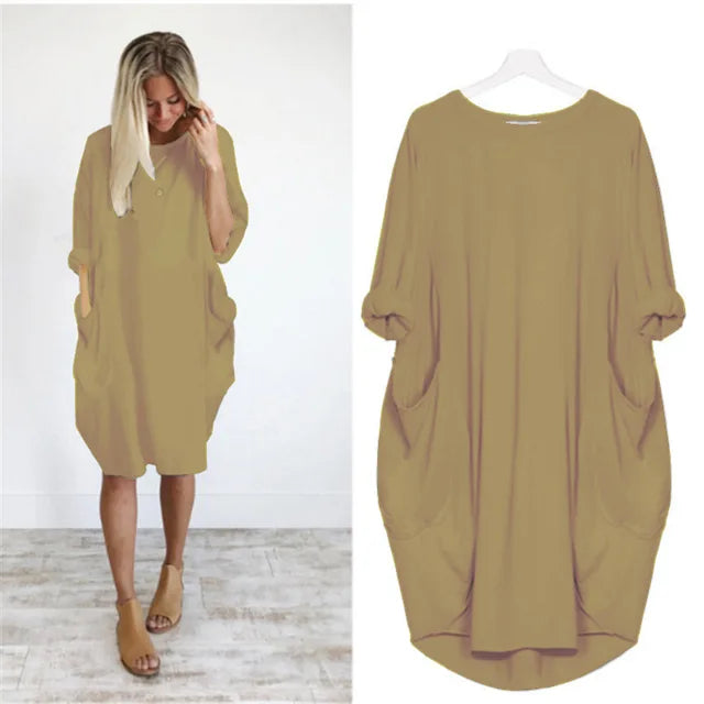 Oversized Round Neck Dropped Shoulder Patch Pocket Cocoon Dress - View 5