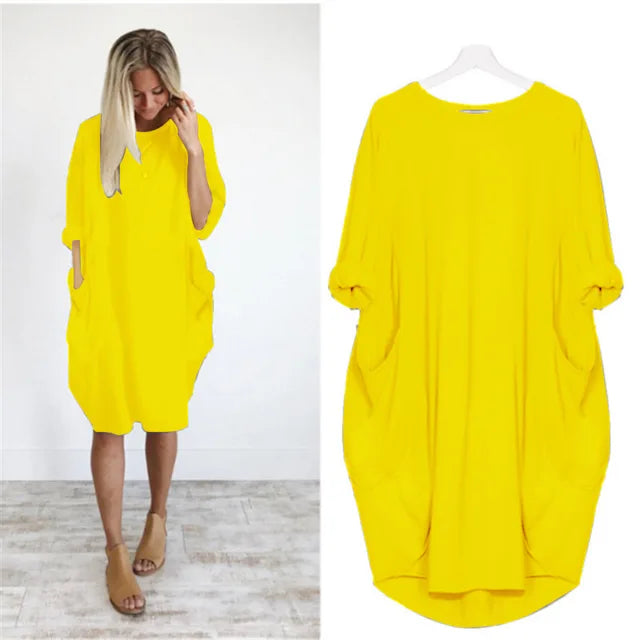Oversized Round Neck Dropped Shoulder Patch Pocket Cocoon Dress - View 9