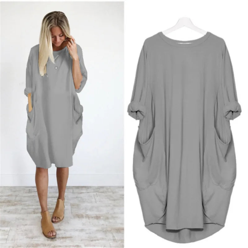 Oversized Round Neck Dropped Shoulder Patch Pocket Cocoon Dress - View 2