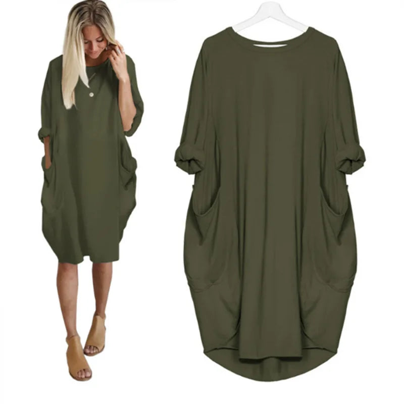 Oversized Round Neck Dropped Shoulder Patch Pocket Cocoon Dress - View 3