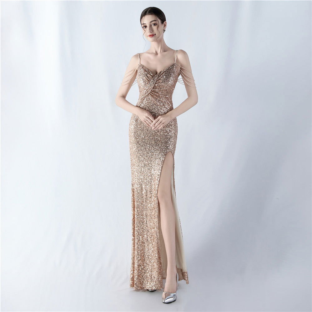 Sequin Spaghetti Strap V-Neck Ruched High Split Mermaid Gown - View 3