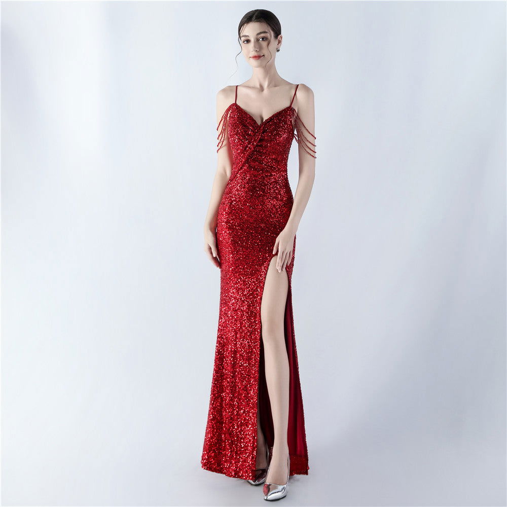 Sequin Spaghetti Strap V-Neck Ruched High Split Mermaid Gown - View 4