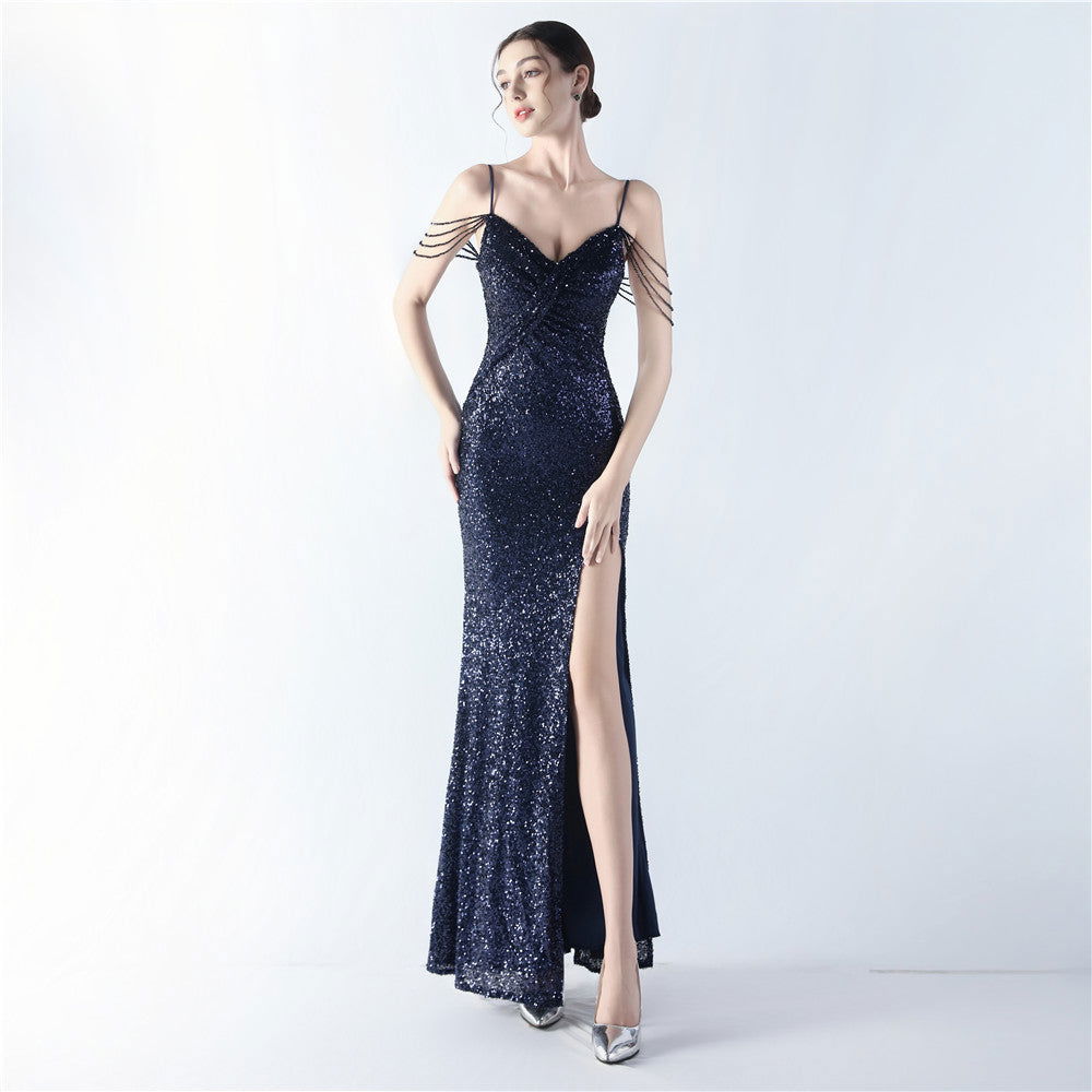 Sequin Spaghetti Strap V-Neck Ruched High Split Mermaid Gown - View 5