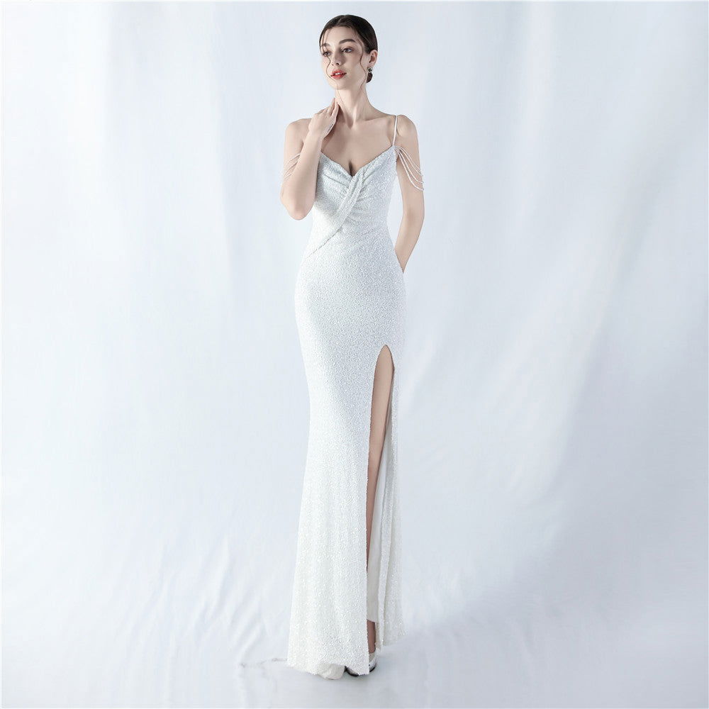 Sequin Spaghetti Strap V-Neck Ruched High Split Mermaid Gown - View 6