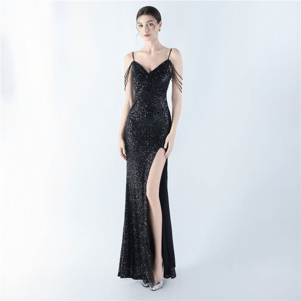 Sequin Spaghetti Strap V-Neck Ruched High Split Mermaid Gown - View 7