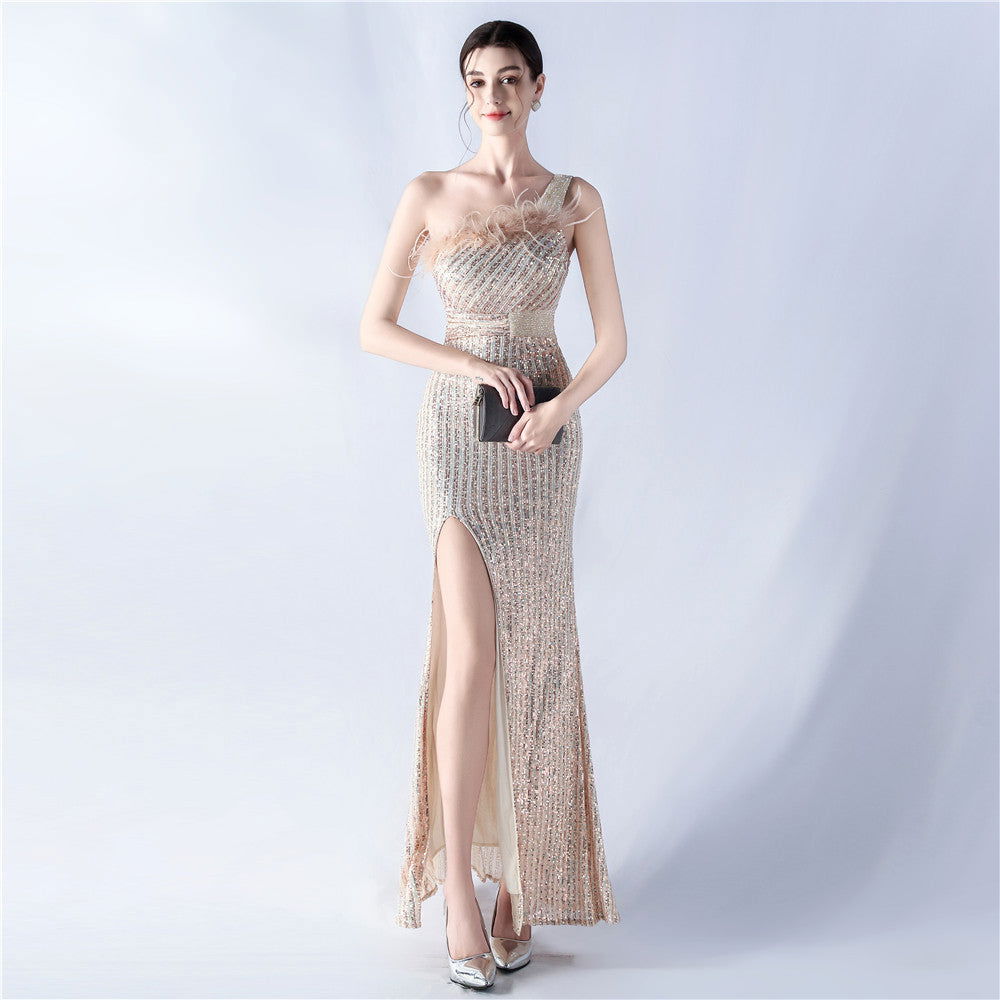 Sequin One Shoulder Feather Trim High Split Formal Gown - View 2