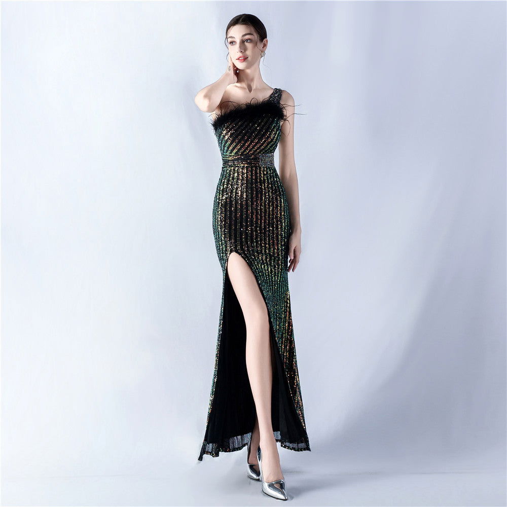 Sequin One Shoulder Feather Trim High Split Formal Gown - View 4