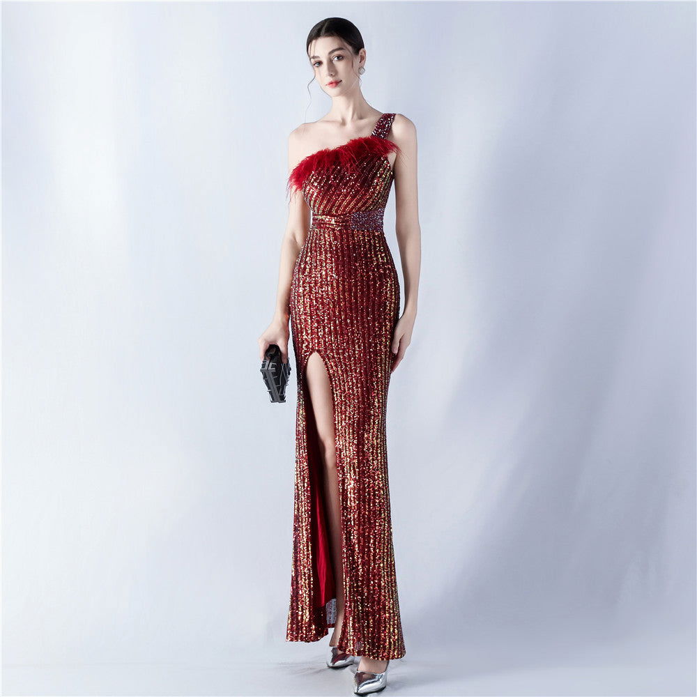 Sequin One Shoulder Feather Trim High Split Formal Gown - View 5