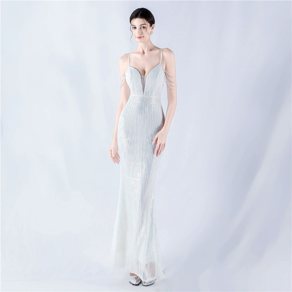 Sequin Spaghetti Strap Deep V-Neck Beaded Mermaid Maxi Gown - View 2