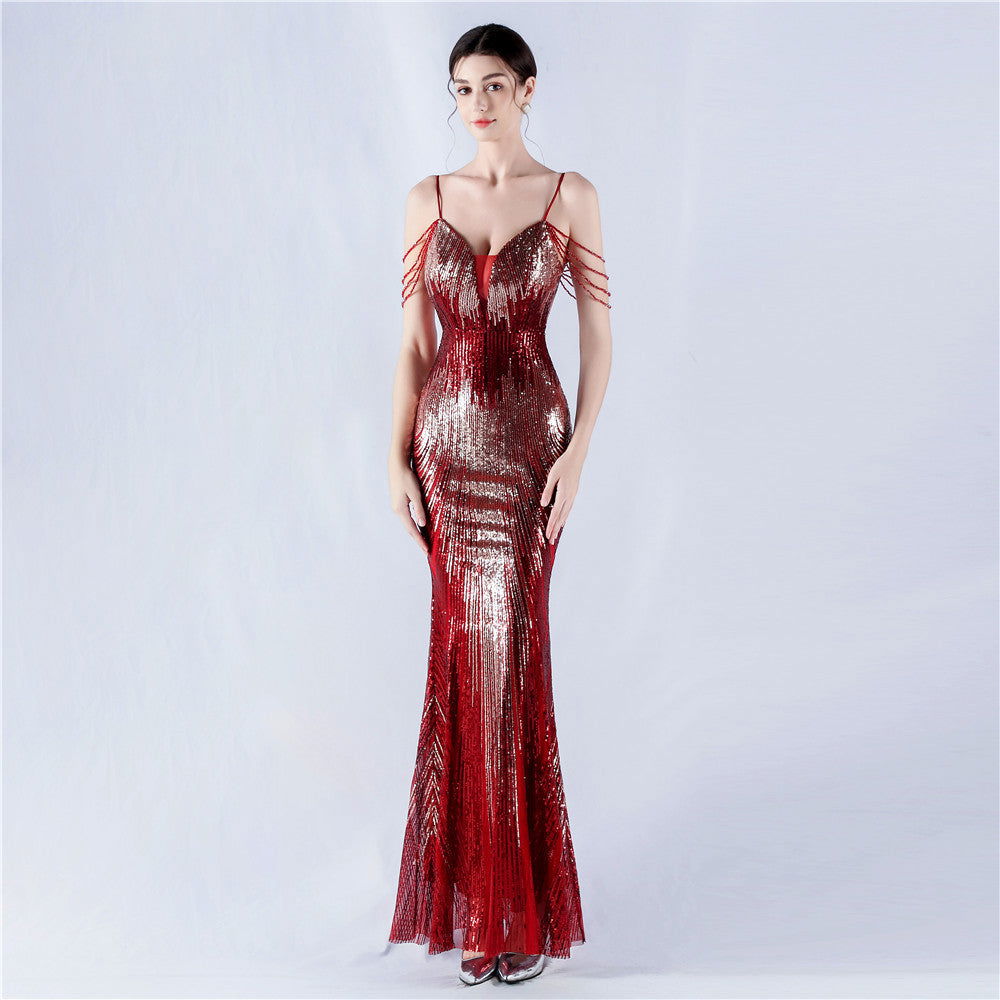 Sequin Spaghetti Strap Deep V-Neck Beaded Mermaid Maxi Gown - View 5