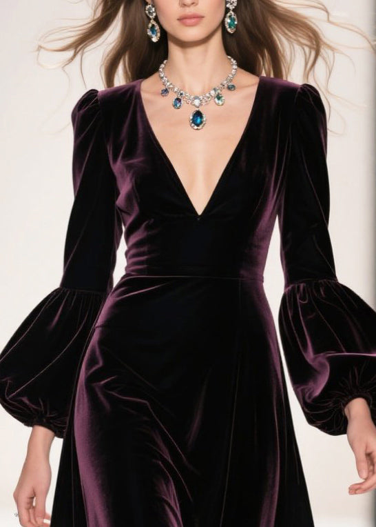 Dull Purple Patchwork Silk Velvet Maxi Dresses Deep-V Neck Lantern Sleeve - View 2