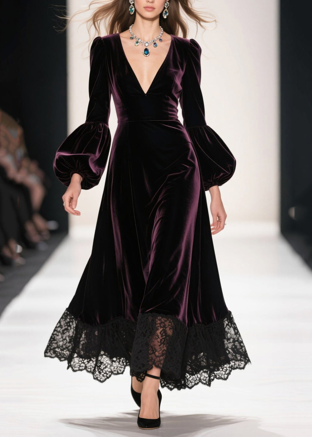 Dull Purple Patchwork Silk Velvet Maxi Dresses Deep-V Neck Lantern Sleeve - View 3