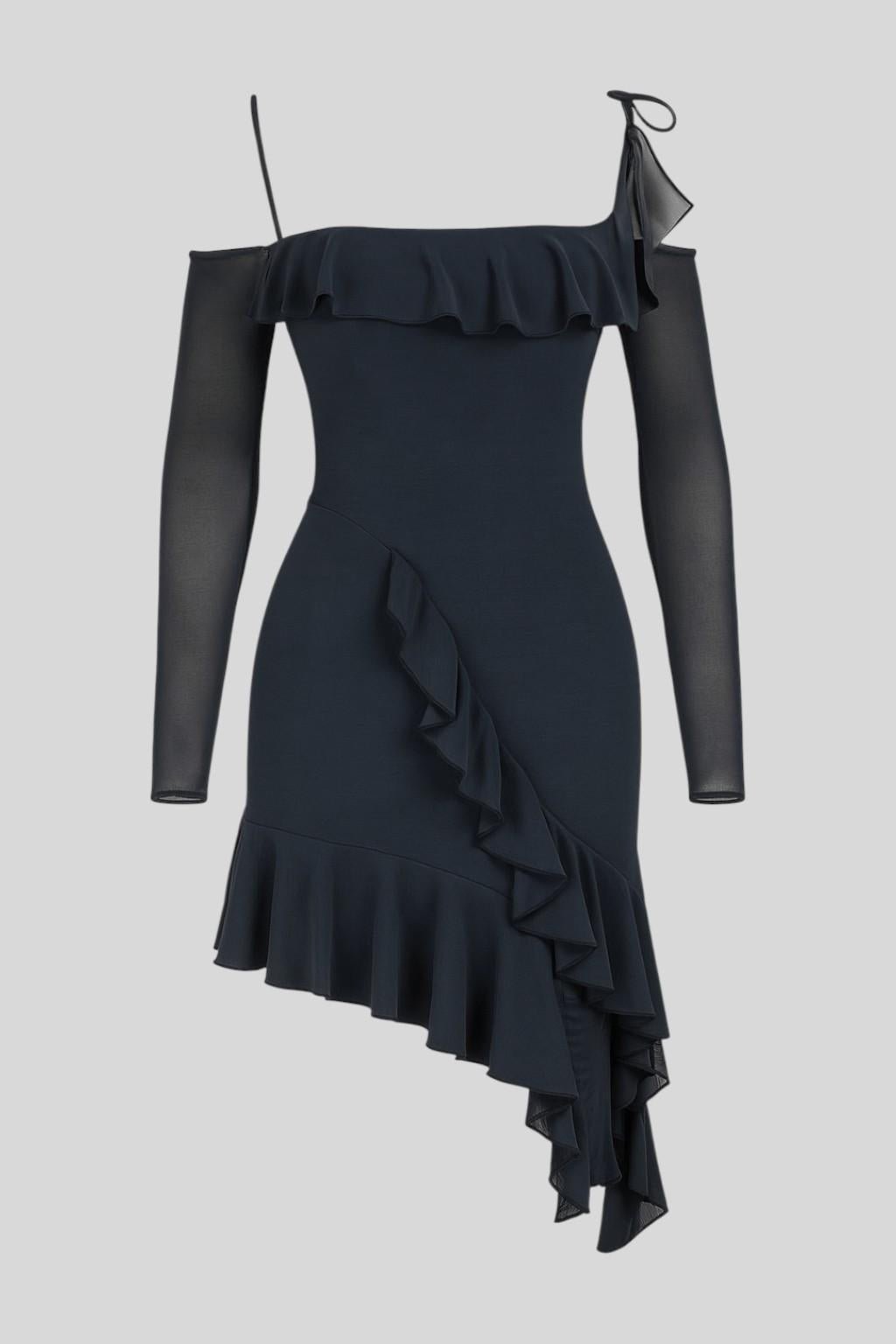 Off Shoulder Long Sleeve Ruffle Asymmetric Mesh Mini Dress 3