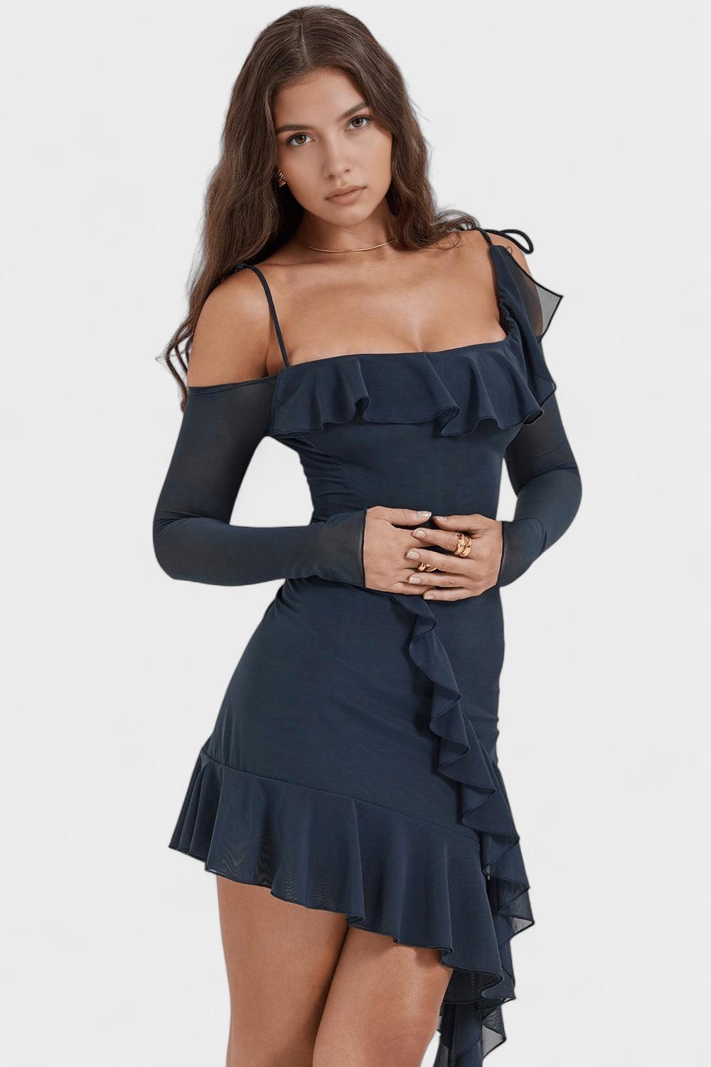 Off Shoulder Long Sleeve Ruffle Asymmetric Mesh Mini Dress 2