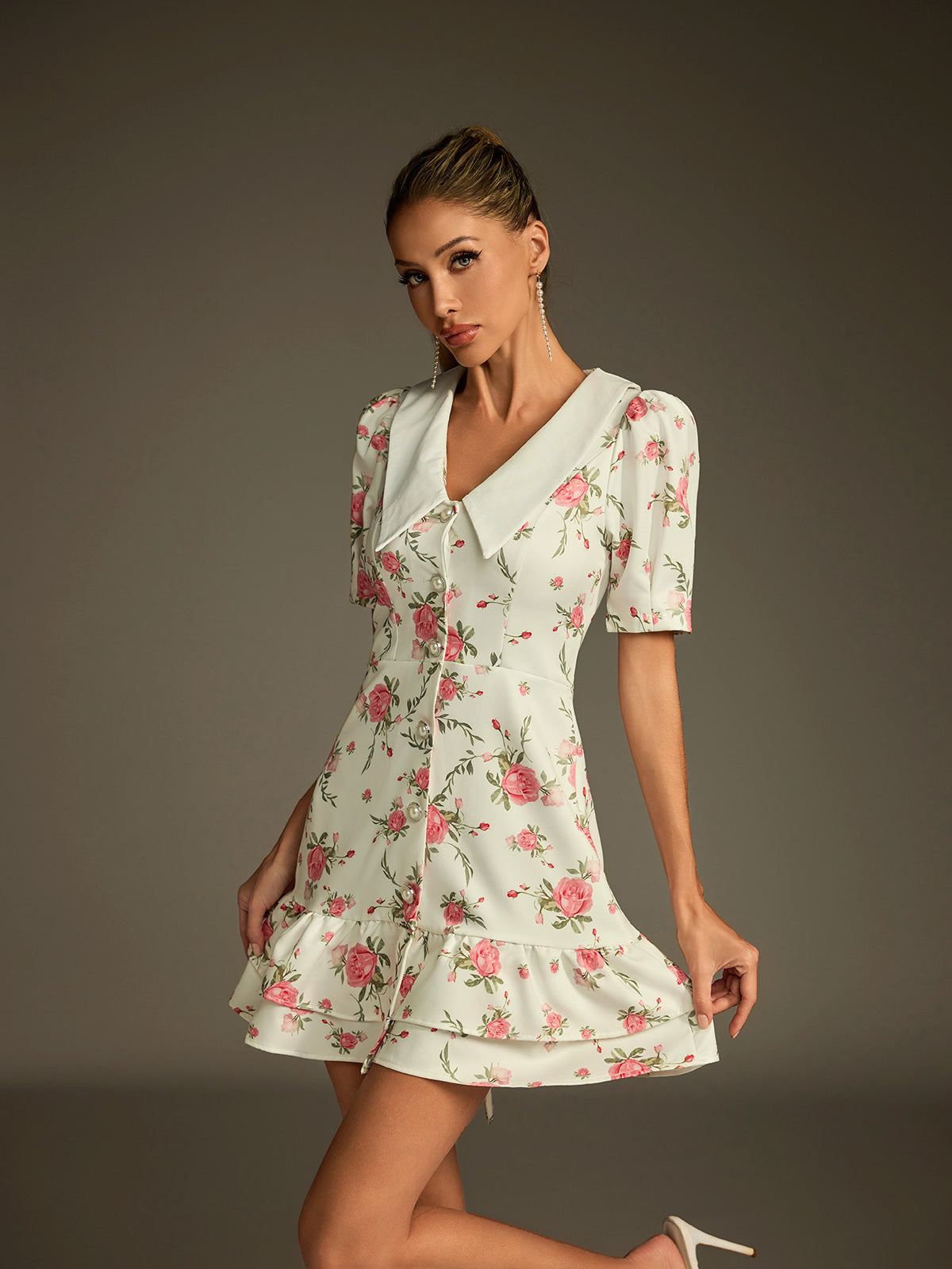 Short Sleeve Pointed Collar Pearl Button Floral Tiered Mini Dress - View 2
