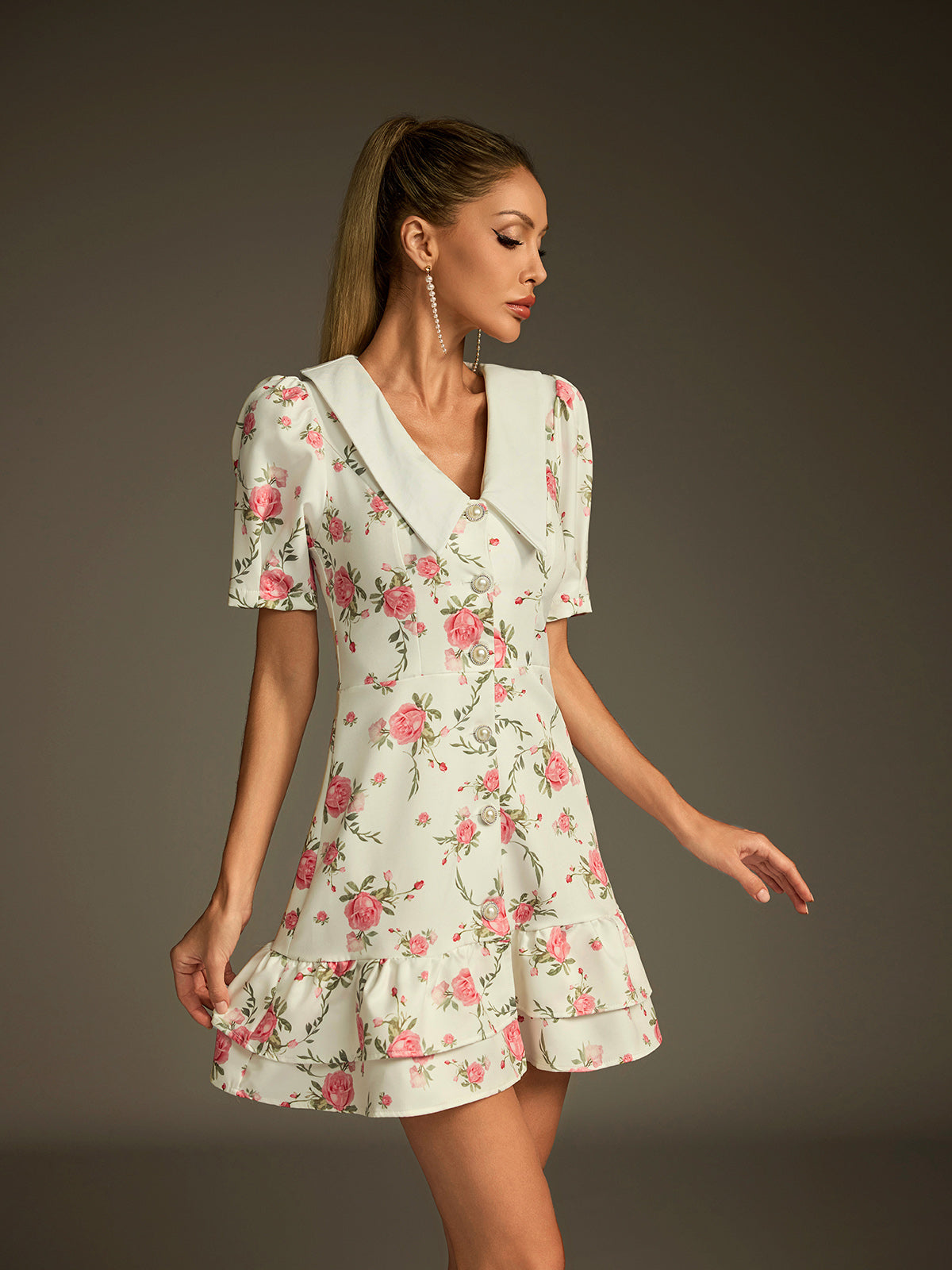 Short Sleeve Pointed Collar Pearl Button Floral Tiered Mini Dress - View 5