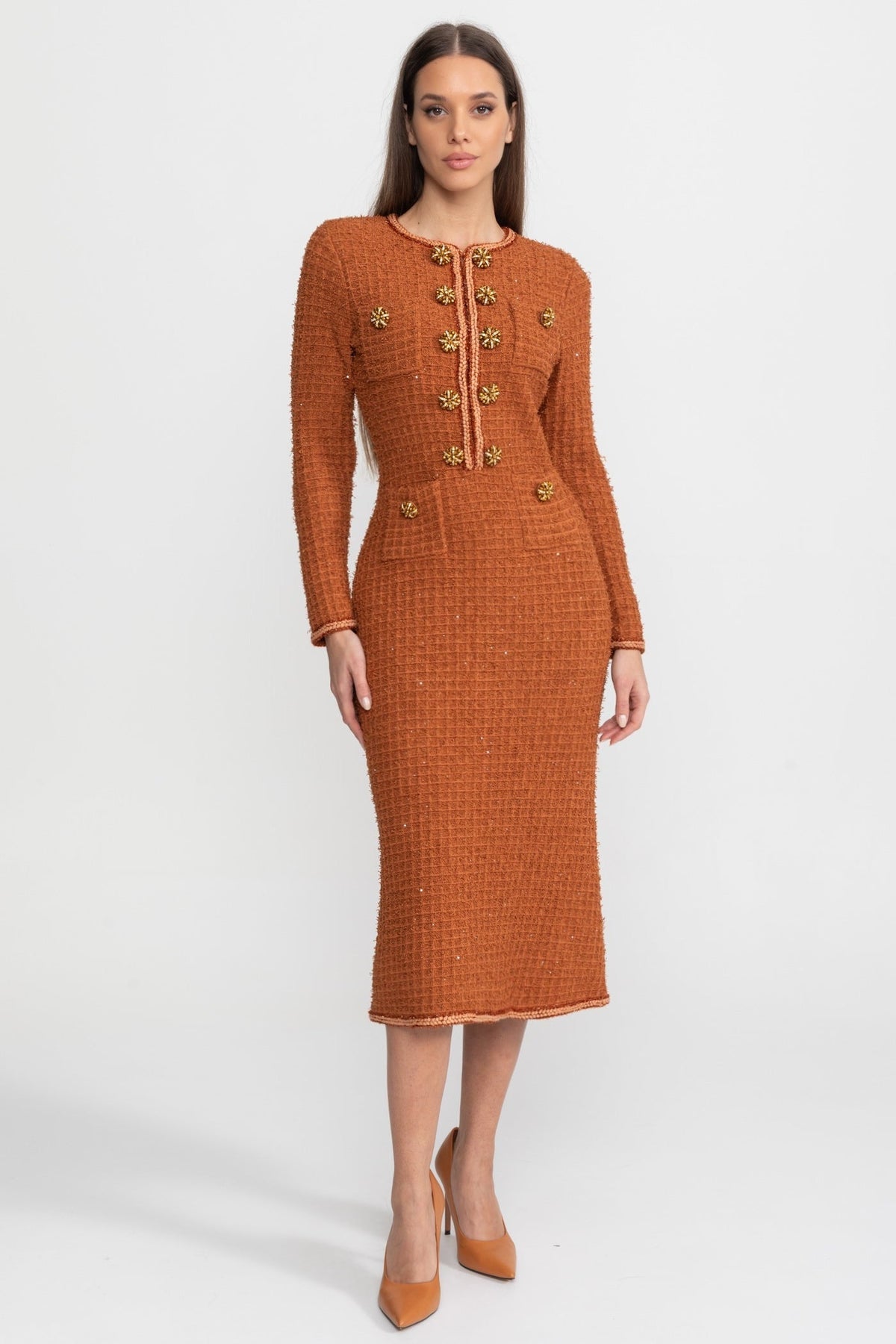 Tweed Braided Trim Rhinestone Sunburst Button Sheath Midi Dress - View 2
