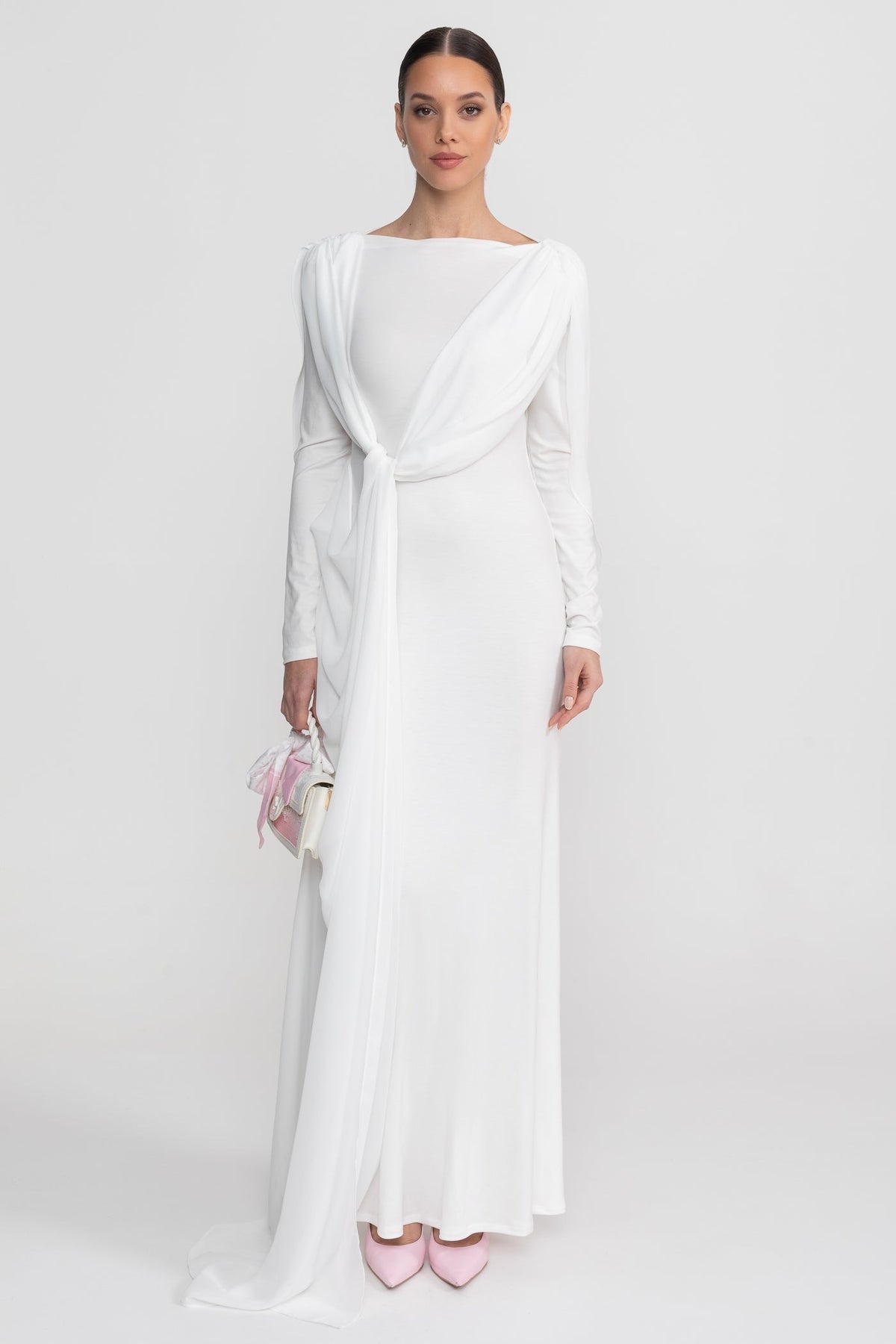 Draped Long Sleeve Maxi Dress - White