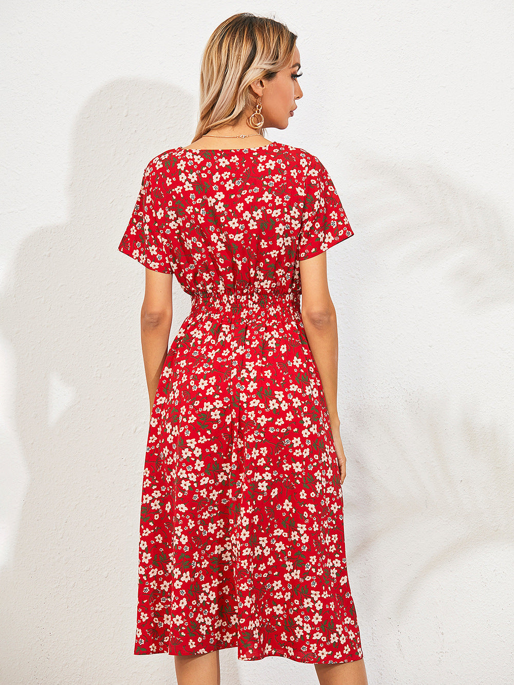 Wrap V-Neck Flutter Sleeve Smocked Waist A-Line Midi Summer Dress - View 6