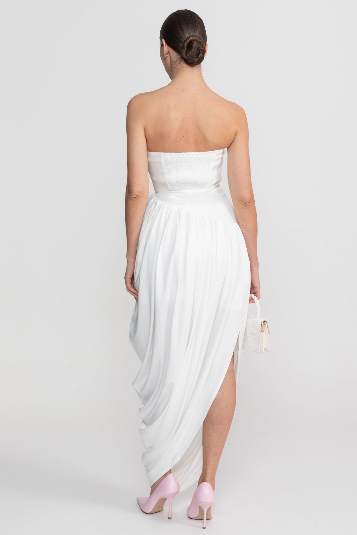Strapless Maxi Dress With Asymmetric Draped Skirt - White - View 8