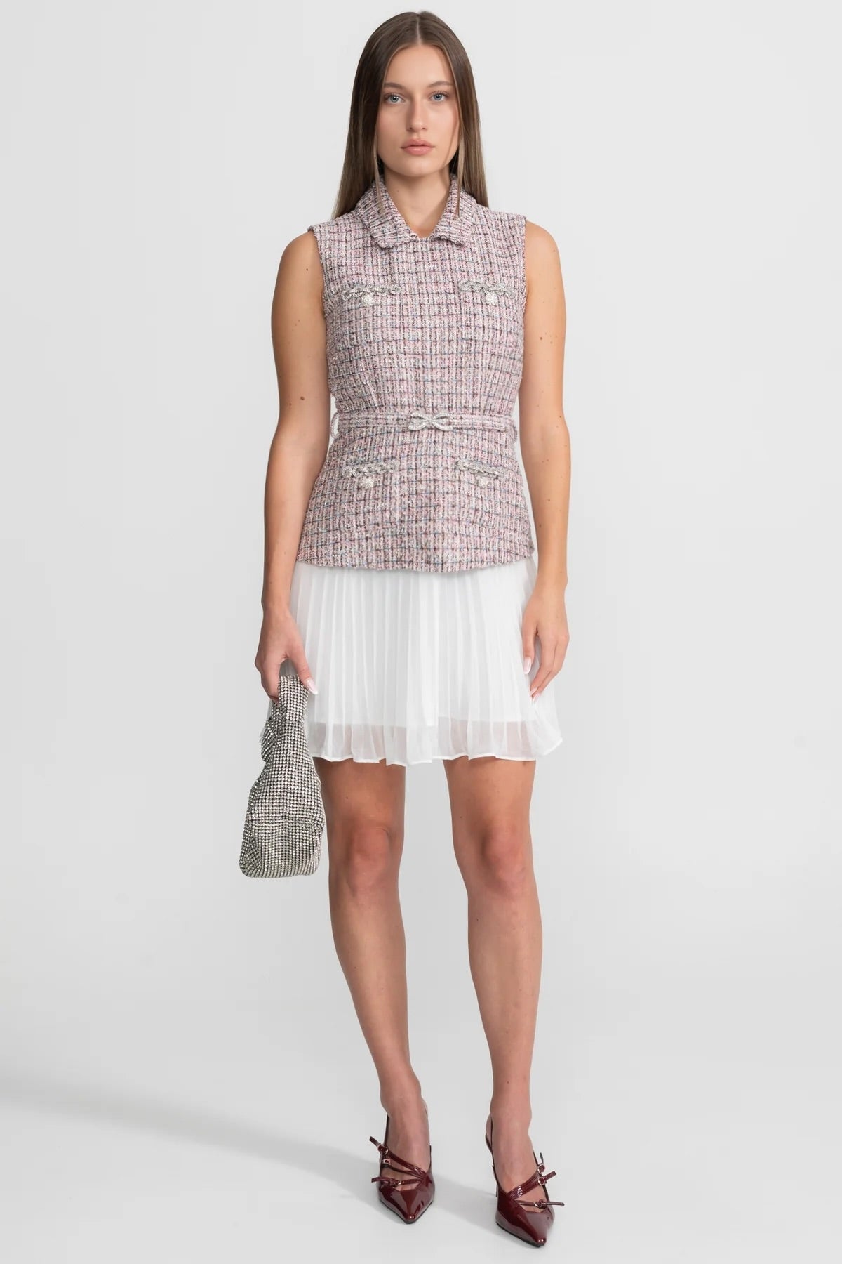 Tweed Mini Dress Collar Rhinestone Bow Belt Pleated Skirt