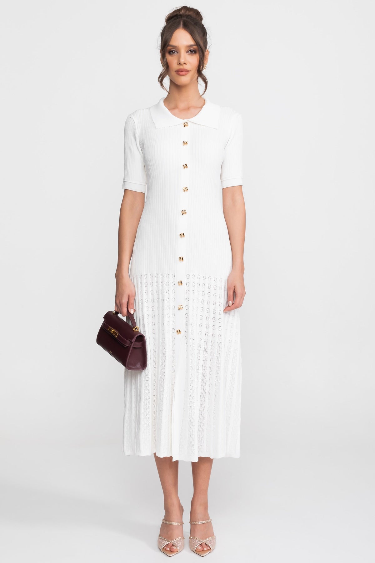 Ribbed Knit Midi Dress With Peter Pan Collar And Pleated Skirt - White - View 3