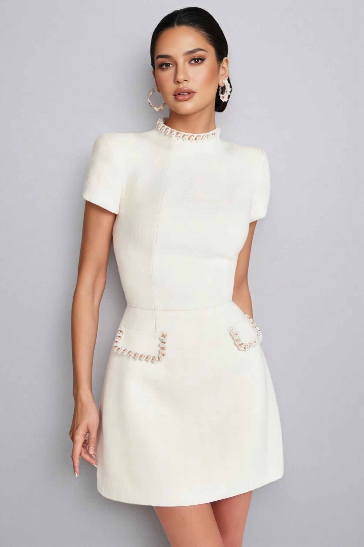 Structured Mock Neck Cap Sleeve Princess Seam A-Line Mini Dress - View 2