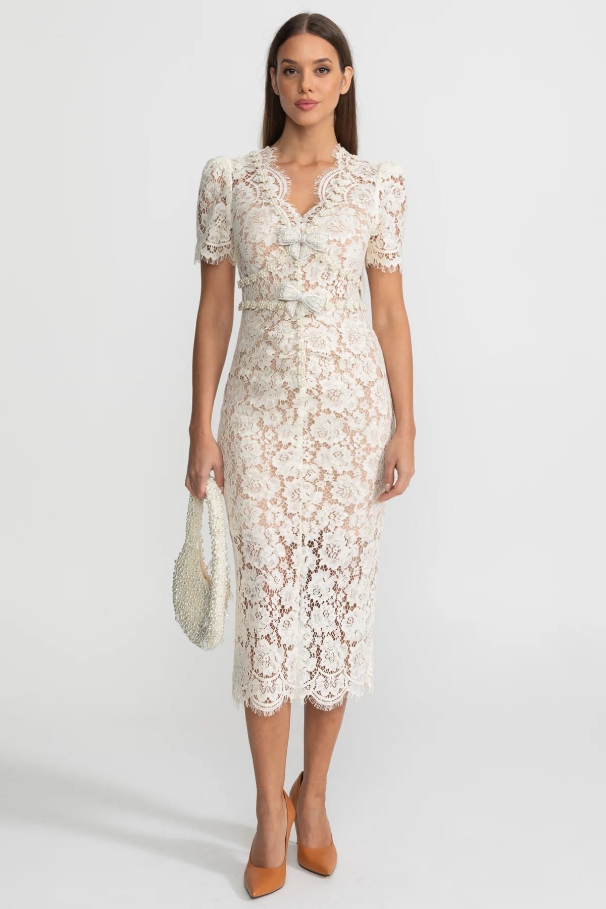 Embellished Lace Midi Dress With Bow Detailing – Ivoire - View 3