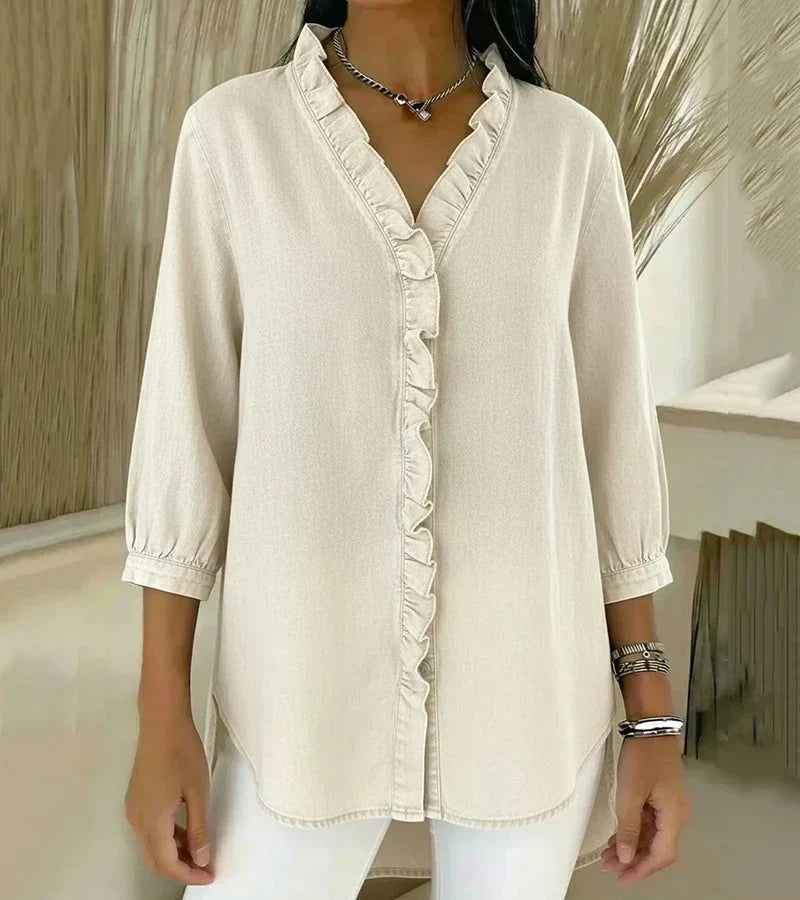Ruffle Placket Stand Collar 3/4 Sleeve Denim Blouse 2